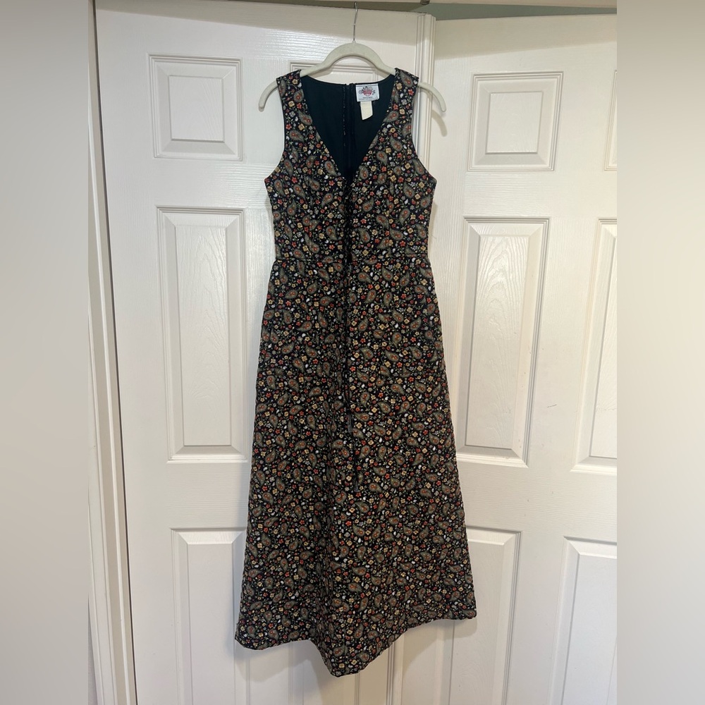1960s-1970s LANZ Original Floral‎ PAISLEY QUILTED. Lace Up Dress W/Pockets Small